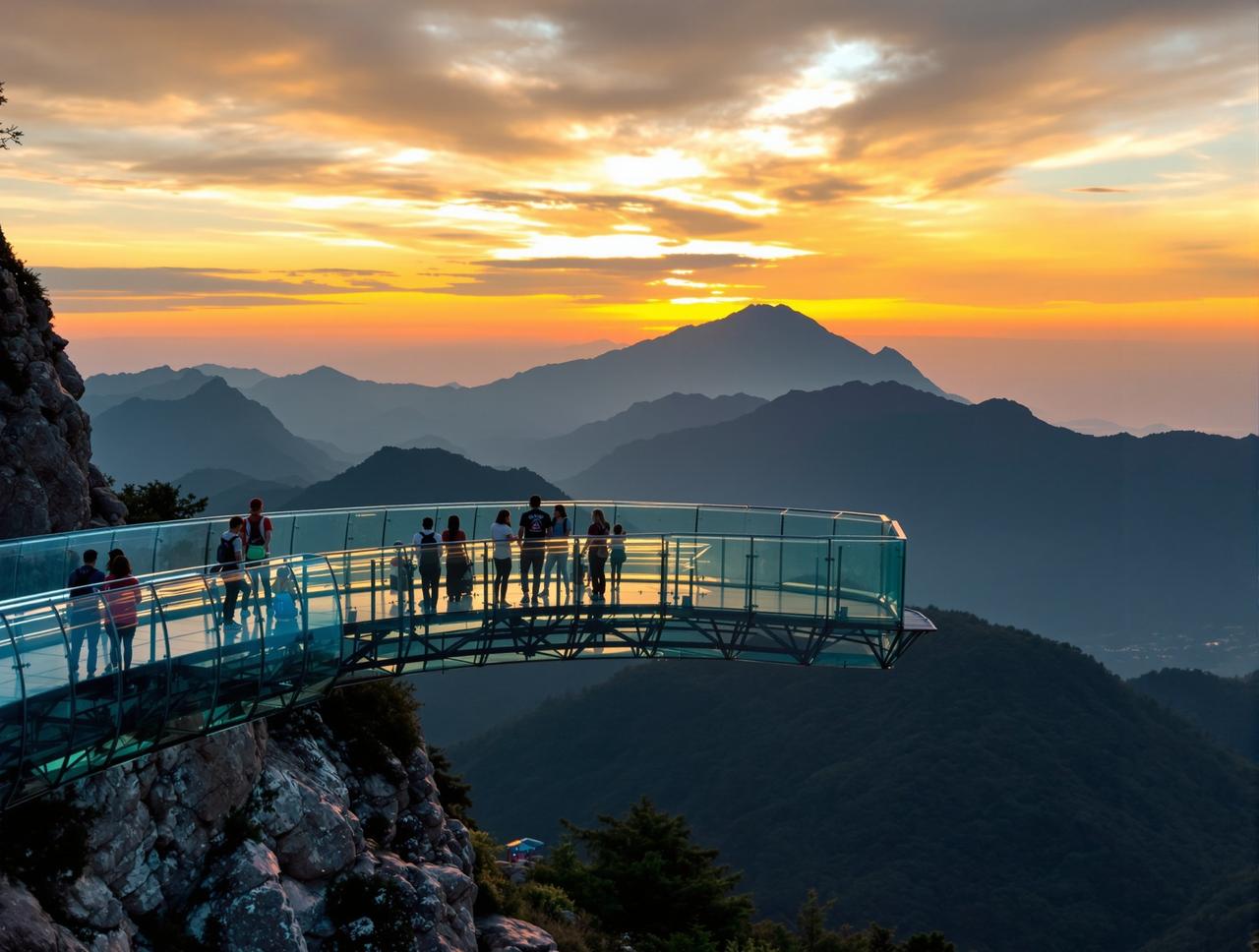 吃瓜观看 - 景区玻璃栈道观景平台日落时分山景背景