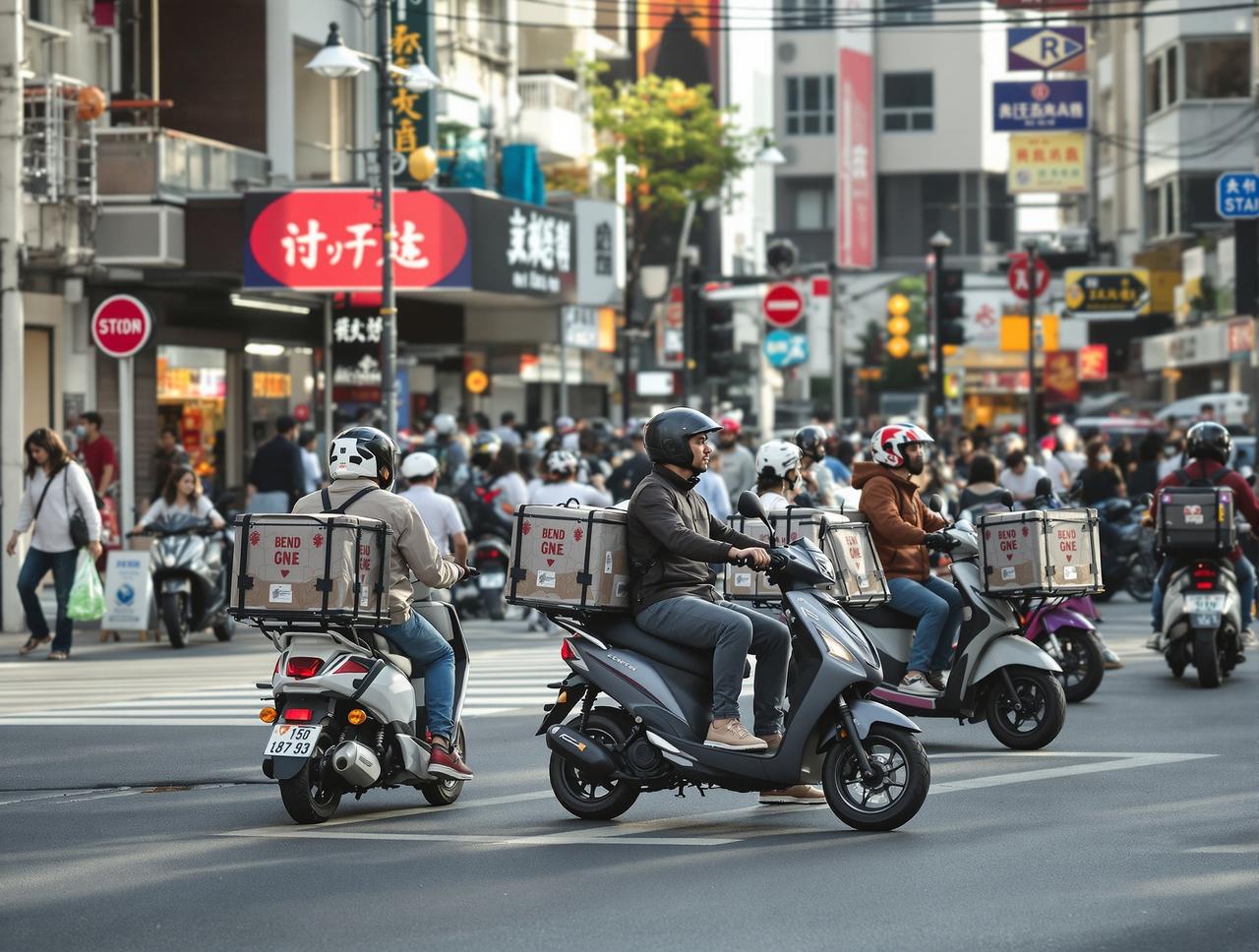 吃瓜观看 - 城市街头外卖骑手电动车穿梭于商业区