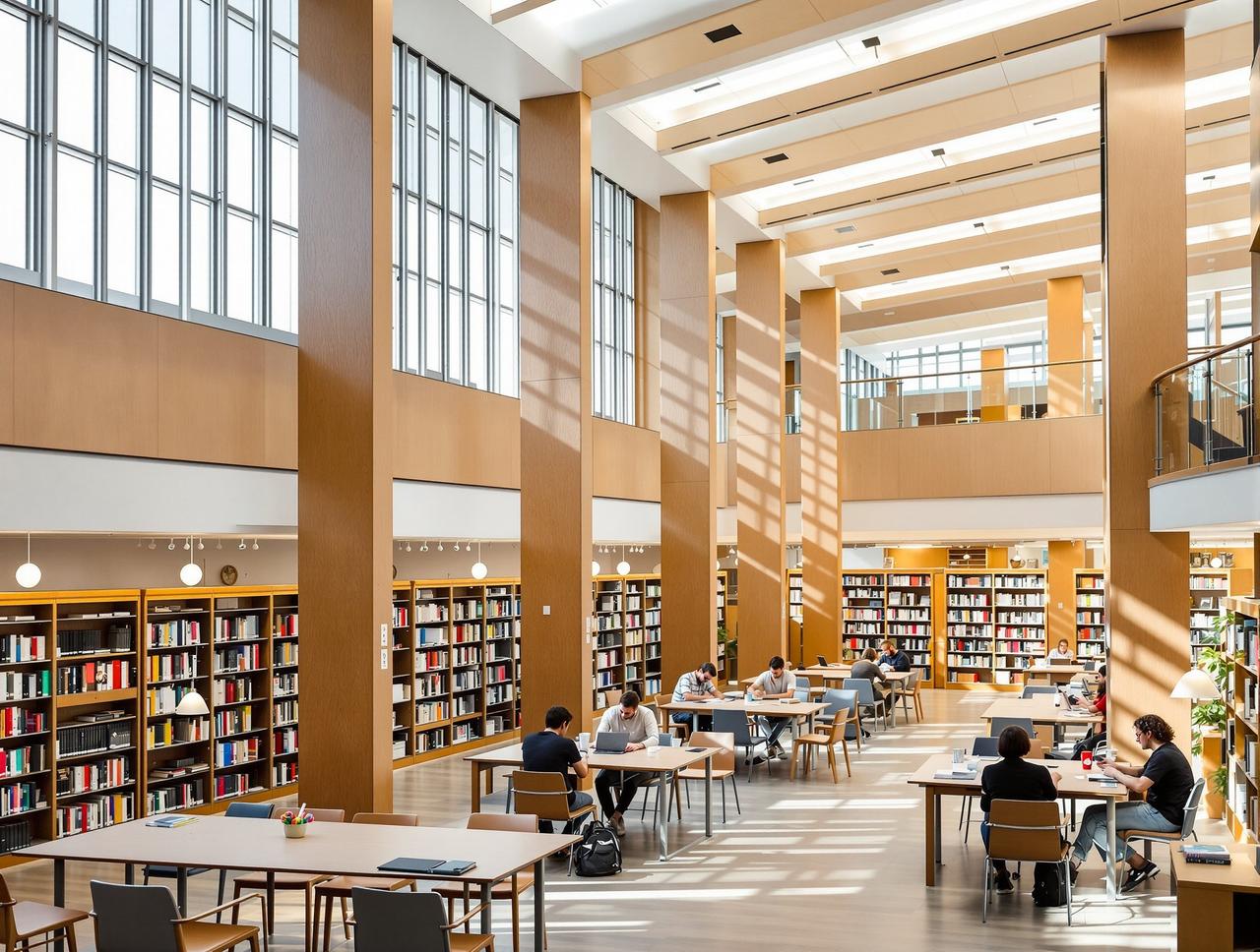 吃瓜观看 - 大学图书馆内景书架和阅读区，学术氛围浓厚